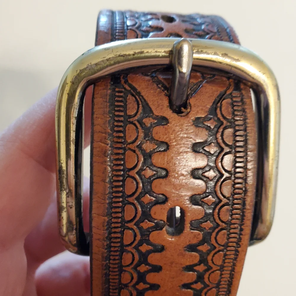 Vintage Genuine Leather Diamond Pattern Men's Belt, Size 38